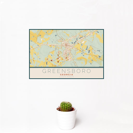 12x18 Greensboro Georgia Map Print Landscape Orientation in Woodblock Style With Small Cactus Plant in White Planter