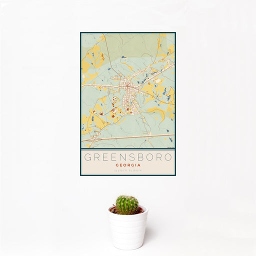 12x18 Greensboro Georgia Map Print Portrait Orientation in Woodblock Style With Small Cactus Plant in White Planter
