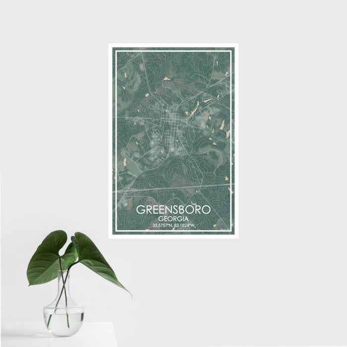 16x24 Greensboro Georgia Map Print Portrait Orientation in Afternoon Style With Tropical Plant Leaves in Water