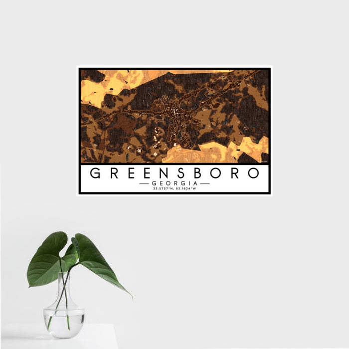 16x24 Greensboro Georgia Map Print Landscape Orientation in Ember Style With Tropical Plant Leaves in Water