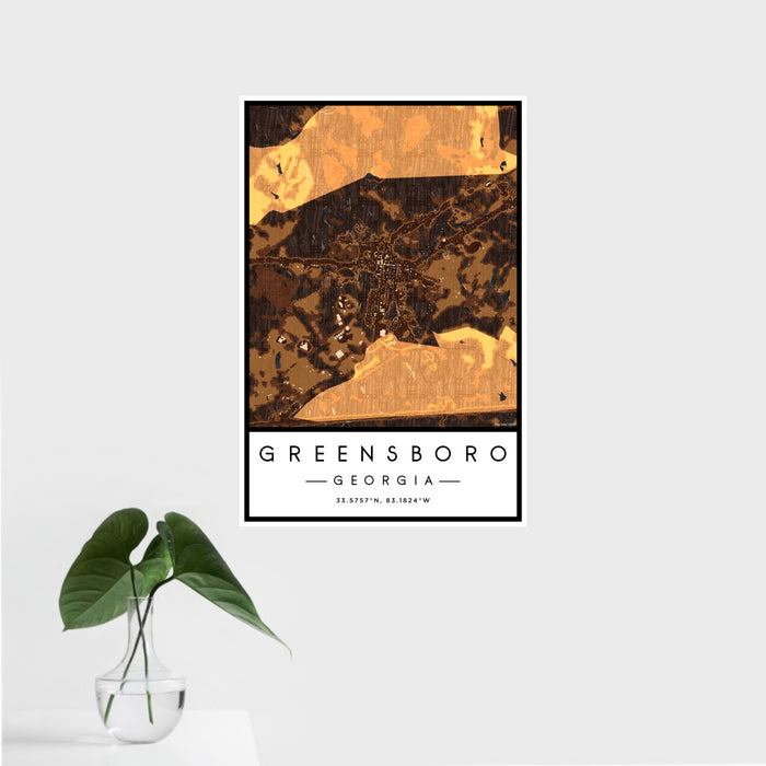 16x24 Greensboro Georgia Map Print Portrait Orientation in Ember Style With Tropical Plant Leaves in Water