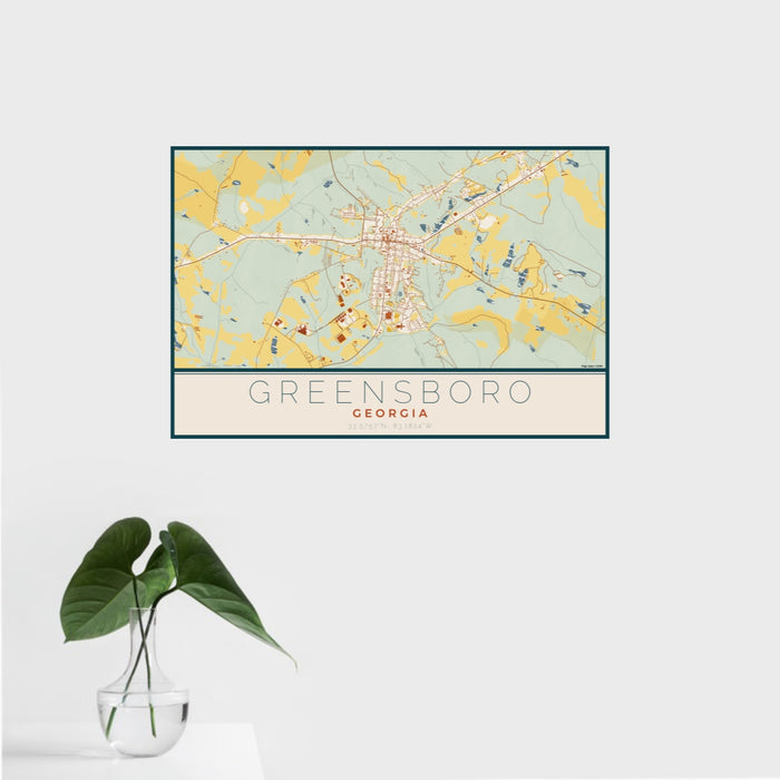 16x24 Greensboro Georgia Map Print Landscape Orientation in Woodblock Style With Tropical Plant Leaves in Water