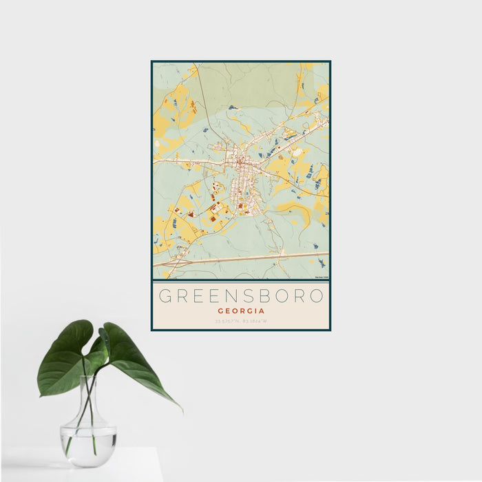 16x24 Greensboro Georgia Map Print Portrait Orientation in Woodblock Style With Tropical Plant Leaves in Water