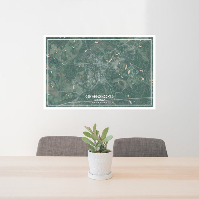 24x36 Greensboro Georgia Map Print Lanscape Orientation in Afternoon Style Behind 2 Chairs Table and Potted Plant