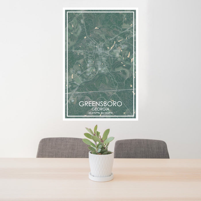 24x36 Greensboro Georgia Map Print Portrait Orientation in Afternoon Style Behind 2 Chairs Table and Potted Plant