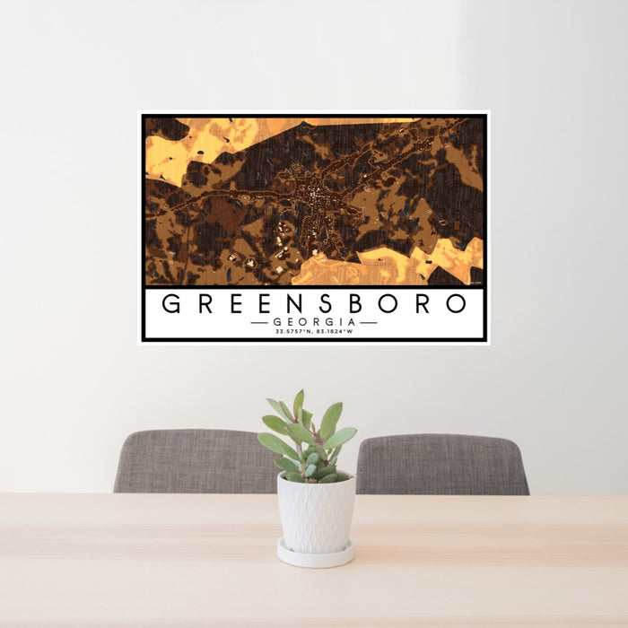 24x36 Greensboro Georgia Map Print Lanscape Orientation in Ember Style Behind 2 Chairs Table and Potted Plant