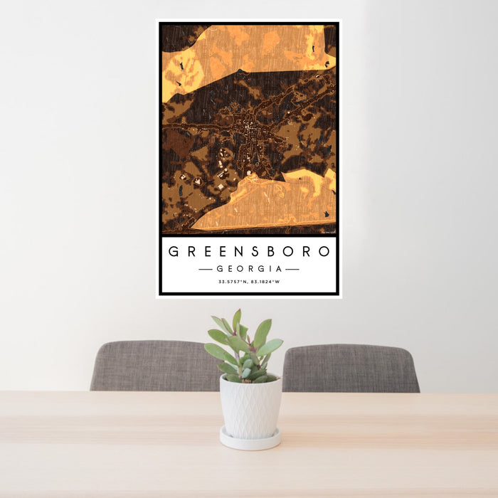 24x36 Greensboro Georgia Map Print Portrait Orientation in Ember Style Behind 2 Chairs Table and Potted Plant