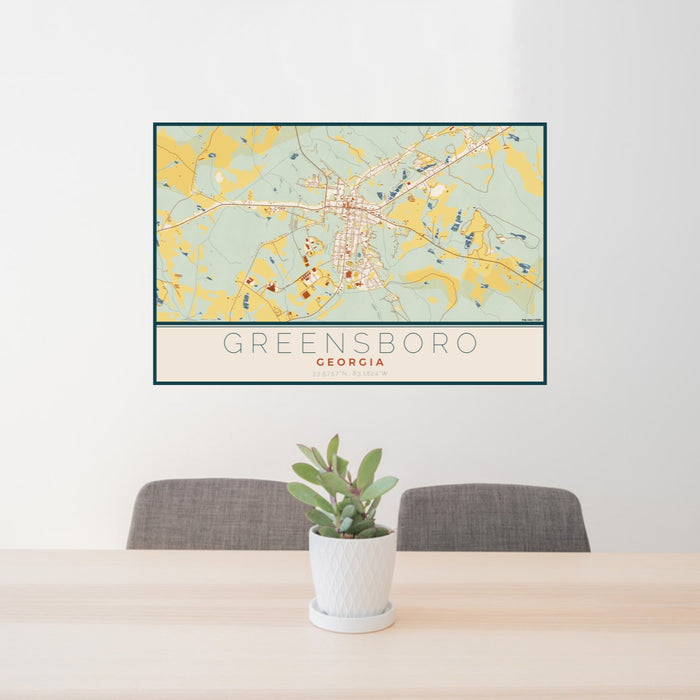 24x36 Greensboro Georgia Map Print Lanscape Orientation in Woodblock Style Behind 2 Chairs Table and Potted Plant