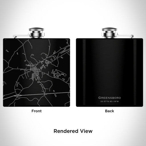 Rendered View of Greensboro Georgia Map Engraving on 6oz Stainless Steel Flask in Black