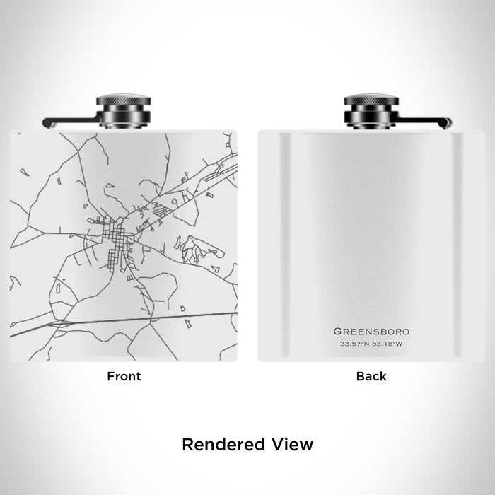 Rendered View of Greensboro Georgia Map Engraving on 6oz Stainless Steel Flask in White