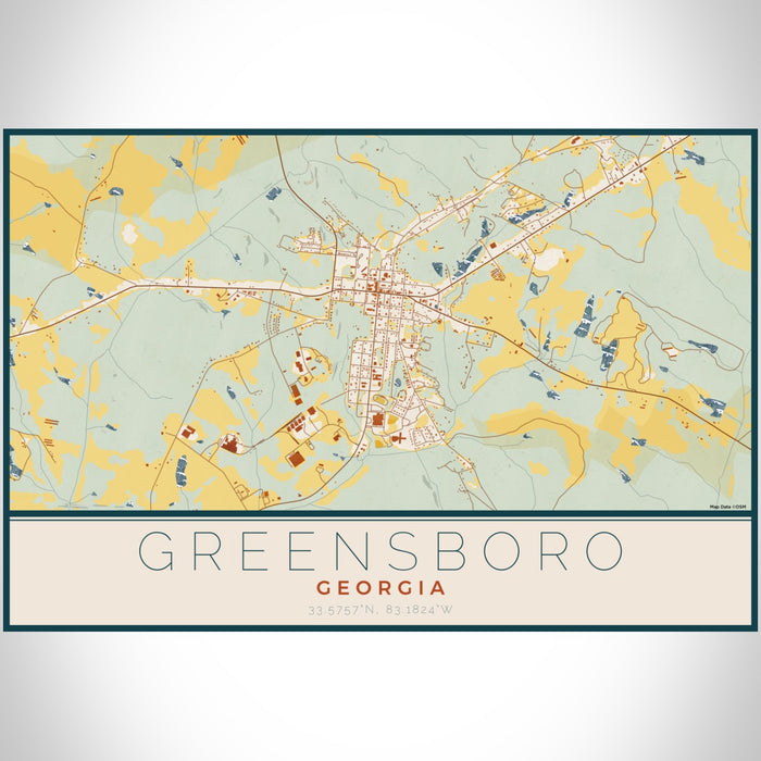 Greensboro Georgia Map Print Landscape Orientation in Woodblock Style With Shaded Background