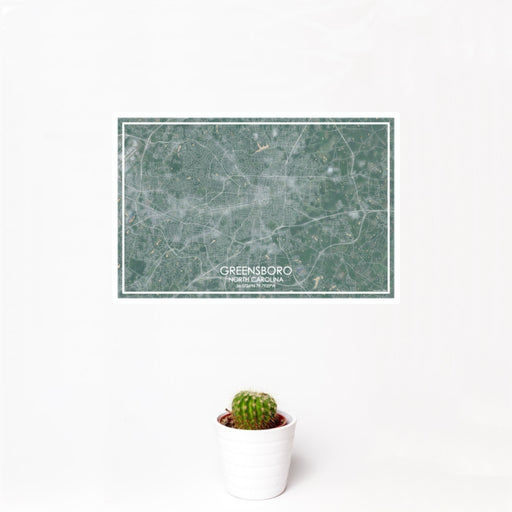 12x18 Greensboro North Carolina Map Print Landscape Orientation in Afternoon Style With Small Cactus Plant in White Planter
