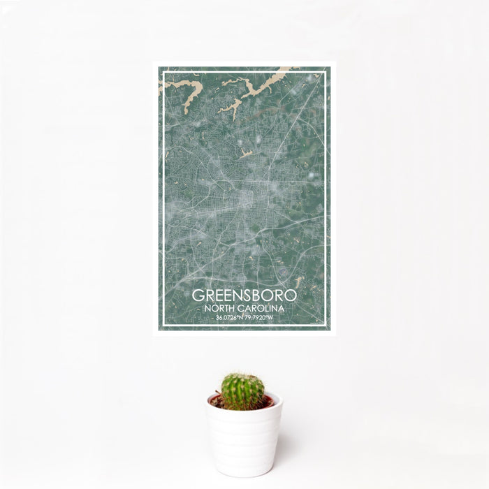 12x18 Greensboro North Carolina Map Print Portrait Orientation in Afternoon Style With Small Cactus Plant in White Planter