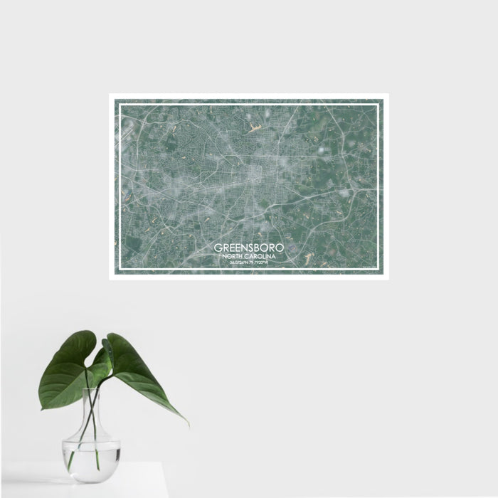 16x24 Greensboro North Carolina Map Print Landscape Orientation in Afternoon Style With Tropical Plant Leaves in Water