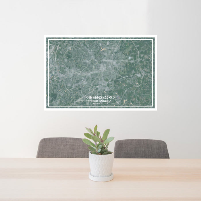 24x36 Greensboro North Carolina Map Print Lanscape Orientation in Afternoon Style Behind 2 Chairs Table and Potted Plant