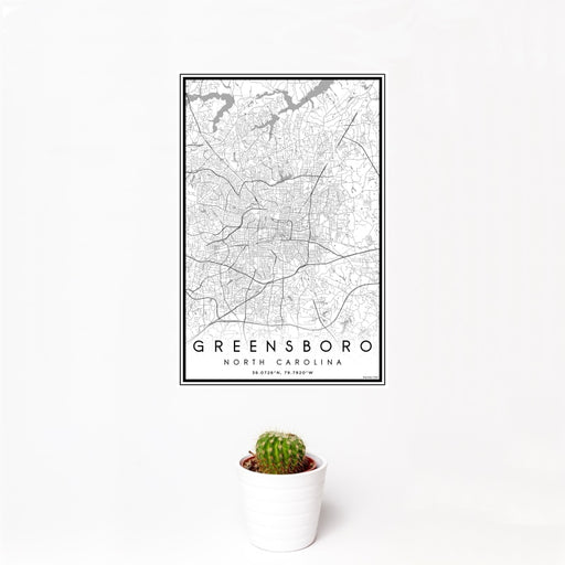 12x18 Greensboro North Carolina Map Print Portrait Orientation in Classic Style With Small Cactus Plant in White Planter