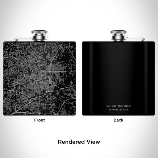 Rendered View of Greensboro North Carolina Map Engraving on 6oz Stainless Steel Flask in Black