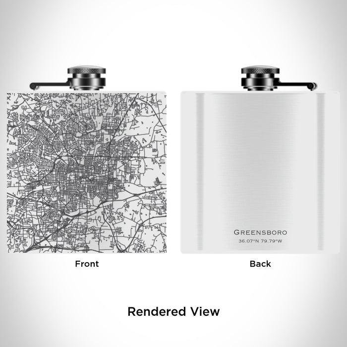Rendered View of Greensboro North Carolina Map Engraving on 6oz Stainless Steel Flask in White