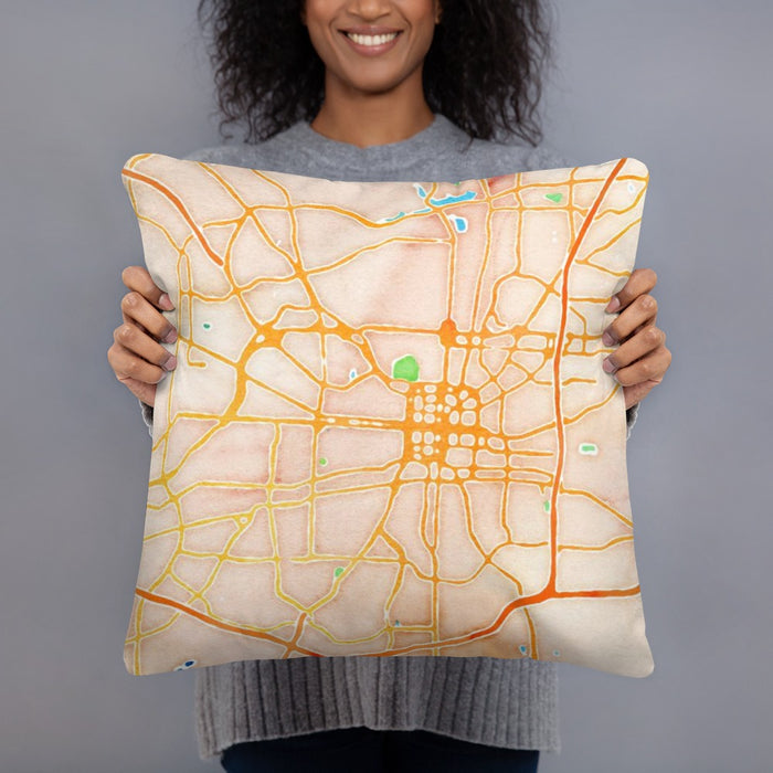 Person holding 18x18 Custom Greensboro North Carolina Map Throw Pillow in Watercolor