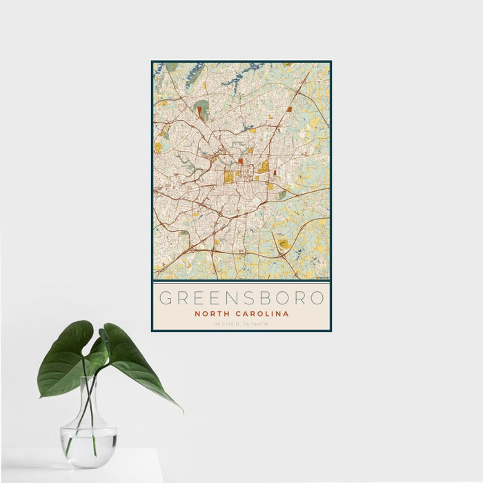 16x24 Greensboro North Carolina Map Print Portrait Orientation in Woodblock Style With Tropical Plant Leaves in Water
