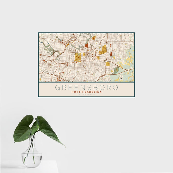 16x24 Greensboro North Carolina Map Print Landscape Orientation in Woodblock Style With Tropical Plant Leaves in Water