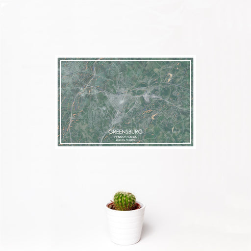 12x18 Greensburg Pennsylvania Map Print Landscape Orientation in Afternoon Style With Small Cactus Plant in White Planter