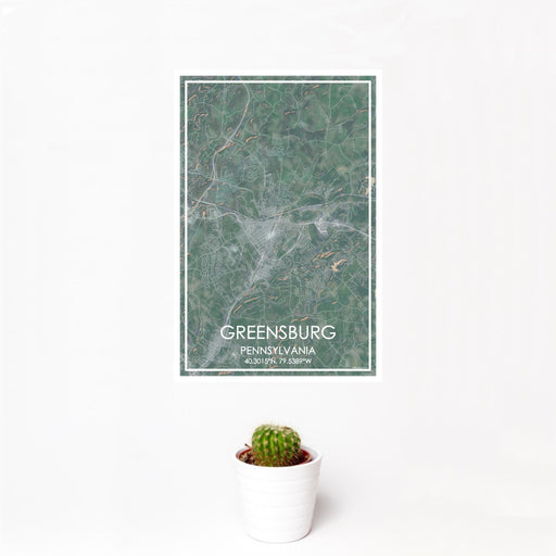 12x18 Greensburg Pennsylvania Map Print Portrait Orientation in Afternoon Style With Small Cactus Plant in White Planter
