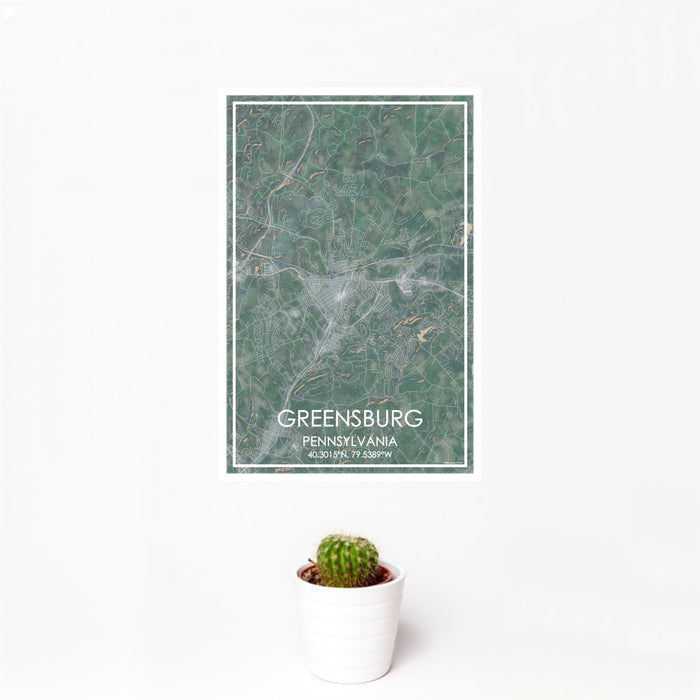 12x18 Greensburg Pennsylvania Map Print Portrait Orientation in Afternoon Style With Small Cactus Plant in White Planter