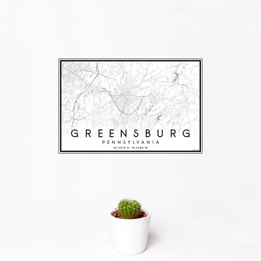 12x18 Greensburg Pennsylvania Map Print Landscape Orientation in Classic Style With Small Cactus Plant in White Planter
