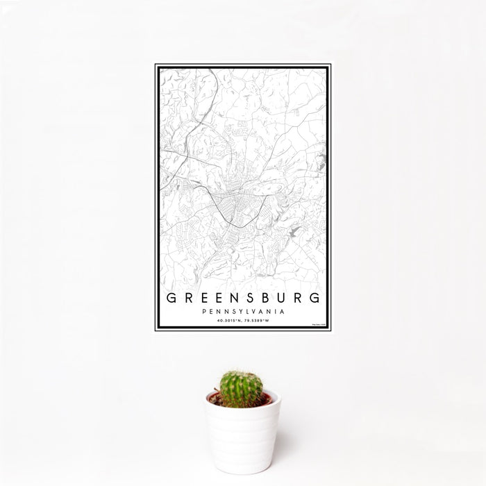 12x18 Greensburg Pennsylvania Map Print Portrait Orientation in Classic Style With Small Cactus Plant in White Planter