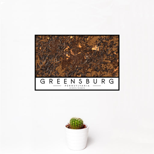 12x18 Greensburg Pennsylvania Map Print Landscape Orientation in Ember Style With Small Cactus Plant in White Planter