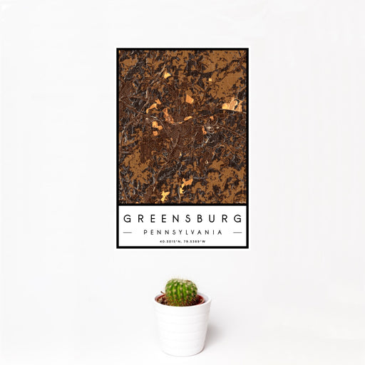 12x18 Greensburg Pennsylvania Map Print Portrait Orientation in Ember Style With Small Cactus Plant in White Planter