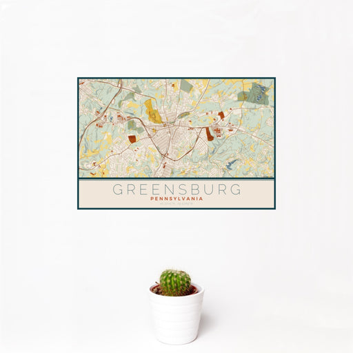 12x18 Greensburg Pennsylvania Map Print Landscape Orientation in Woodblock Style With Small Cactus Plant in White Planter