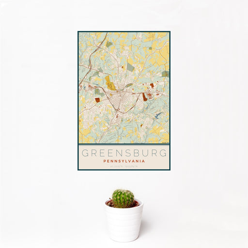 12x18 Greensburg Pennsylvania Map Print Portrait Orientation in Woodblock Style With Small Cactus Plant in White Planter