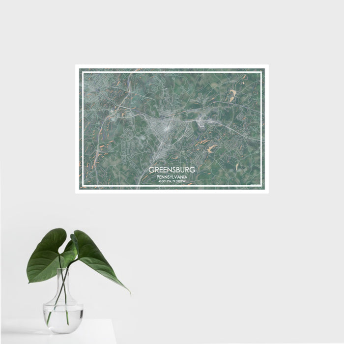 16x24 Greensburg Pennsylvania Map Print Landscape Orientation in Afternoon Style With Tropical Plant Leaves in Water