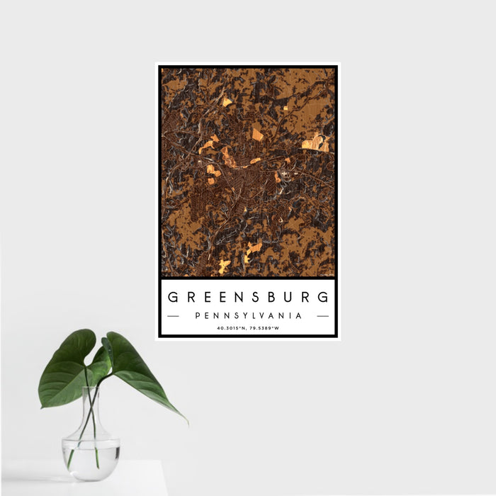 16x24 Greensburg Pennsylvania Map Print Portrait Orientation in Ember Style With Tropical Plant Leaves in Water