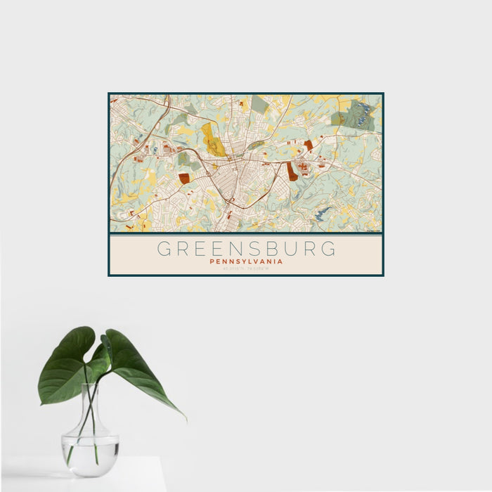 16x24 Greensburg Pennsylvania Map Print Landscape Orientation in Woodblock Style With Tropical Plant Leaves in Water