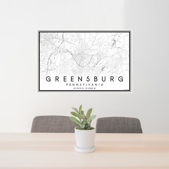 24x36 Greensburg Pennsylvania Map Print Lanscape Orientation in Classic Style Behind 2 Chairs Table and Potted Plant