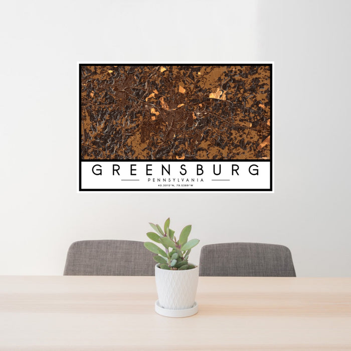 24x36 Greensburg Pennsylvania Map Print Lanscape Orientation in Ember Style Behind 2 Chairs Table and Potted Plant