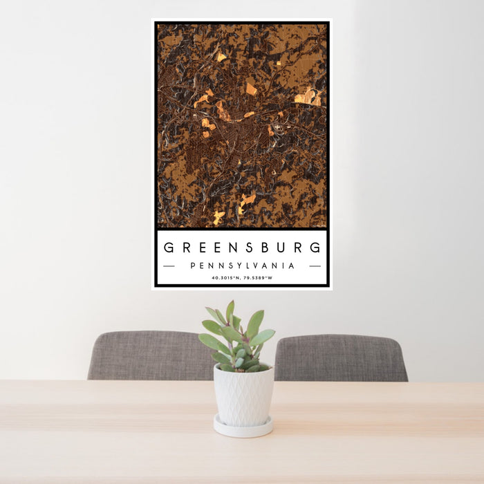 24x36 Greensburg Pennsylvania Map Print Portrait Orientation in Ember Style Behind 2 Chairs Table and Potted Plant