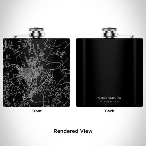 Rendered View of Greensburg Pennsylvania Map Engraving on 6oz Stainless Steel Flask in Black