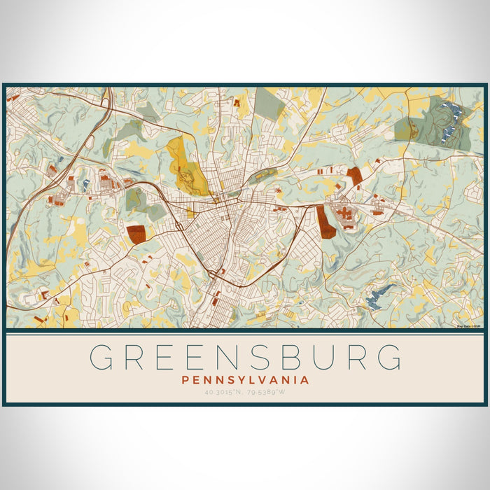 Greensburg Pennsylvania Map Print Landscape Orientation in Woodblock Style With Shaded Background