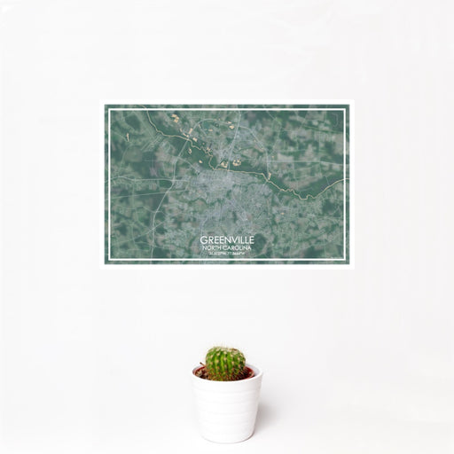 12x18 Greenville North Carolina Map Print Landscape Orientation in Afternoon Style With Small Cactus Plant in White Planter