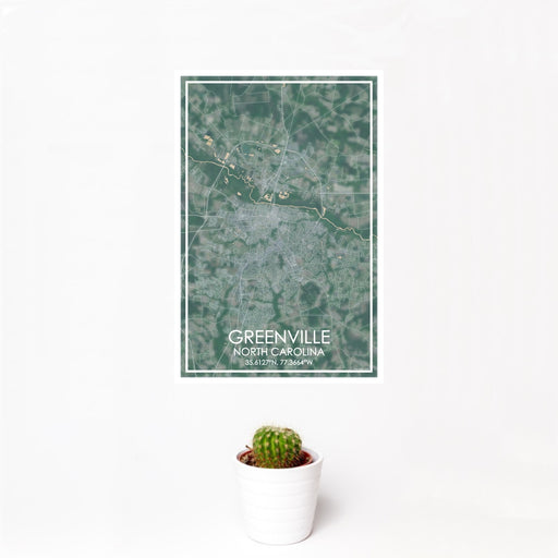 12x18 Greenville North Carolina Map Print Portrait Orientation in Afternoon Style With Small Cactus Plant in White Planter
