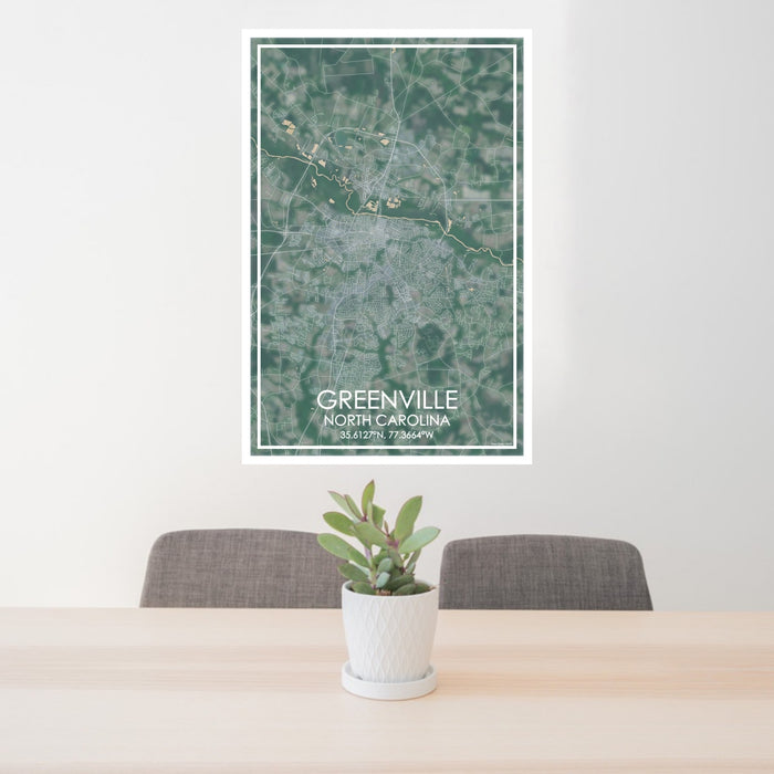 24x36 Greenville North Carolina Map Print Portrait Orientation in Afternoon Style Behind 2 Chairs Table and Potted Plant