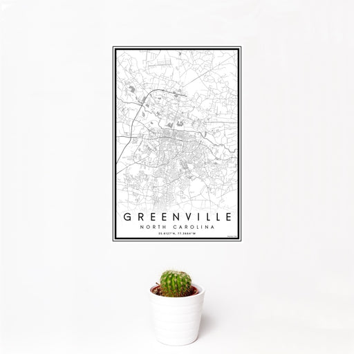 12x18 Greenville North Carolina Map Print Portrait Orientation in Classic Style With Small Cactus Plant in White Planter