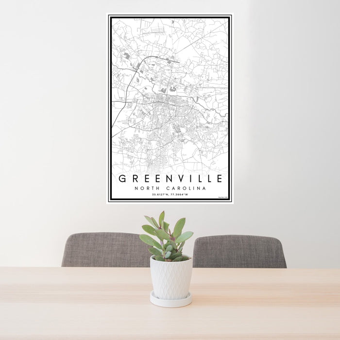 24x36 Greenville North Carolina Map Print Portrait Orientation in Classic Style Behind 2 Chairs Table and Potted Plant