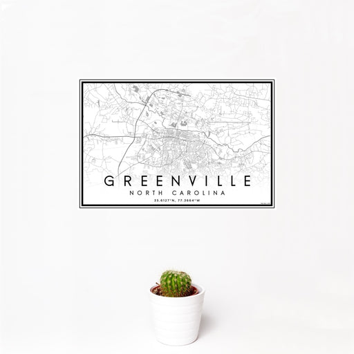 12x18 Greenville North Carolina Map Print Landscape Orientation in Classic Style With Small Cactus Plant in White Planter