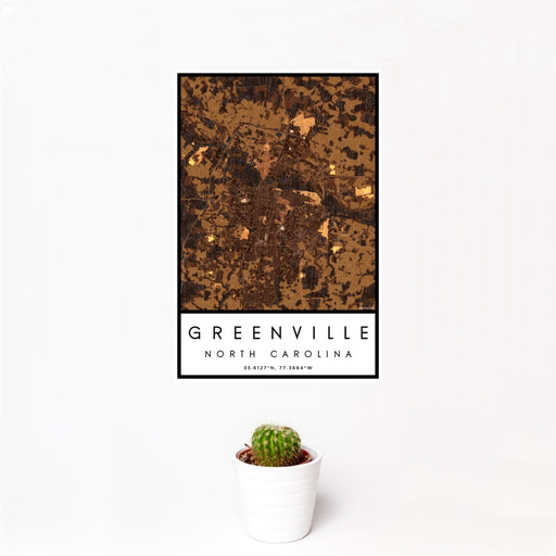 12x18 Greenville North Carolina Map Print Portrait Orientation in Ember Style With Small Cactus Plant in White Planter
