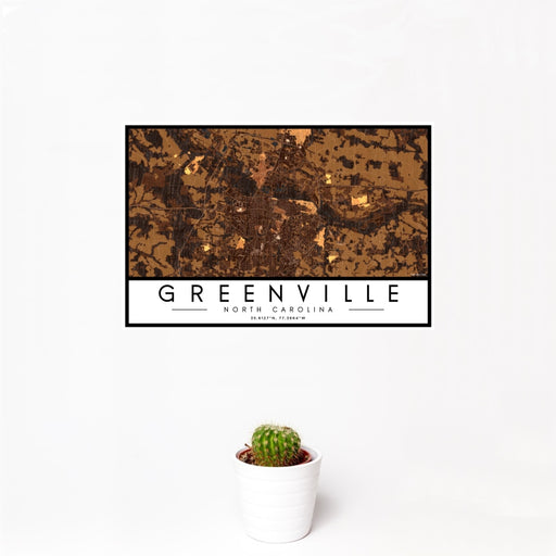 12x18 Greenville North Carolina Map Print Landscape Orientation in Ember Style With Small Cactus Plant in White Planter